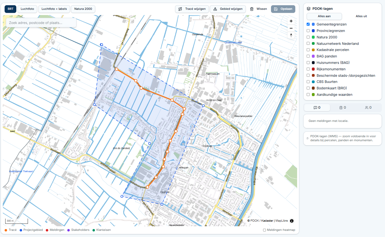 Projectkaart met tracé, projectgebied, PDOK-lagen en stakeholders